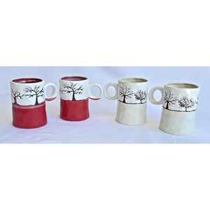Comfify Red and White Coffee Mugs Tree Design Set of 4 - RARE FIND